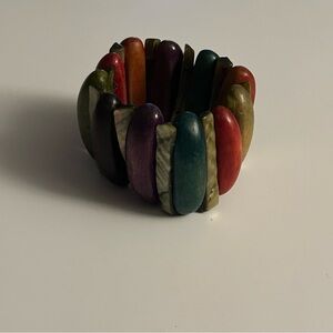 Abalone Shell Bracelet Stretch Wide Cuff Elastic Beaded Wood